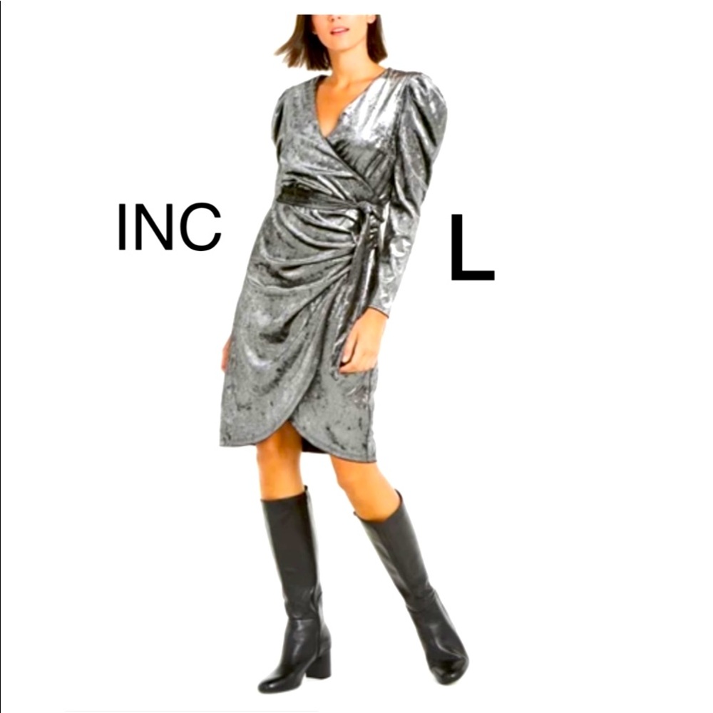 NWT velvet silver shimmer INC concepts wrap mini dress ruched grey tulip hem L